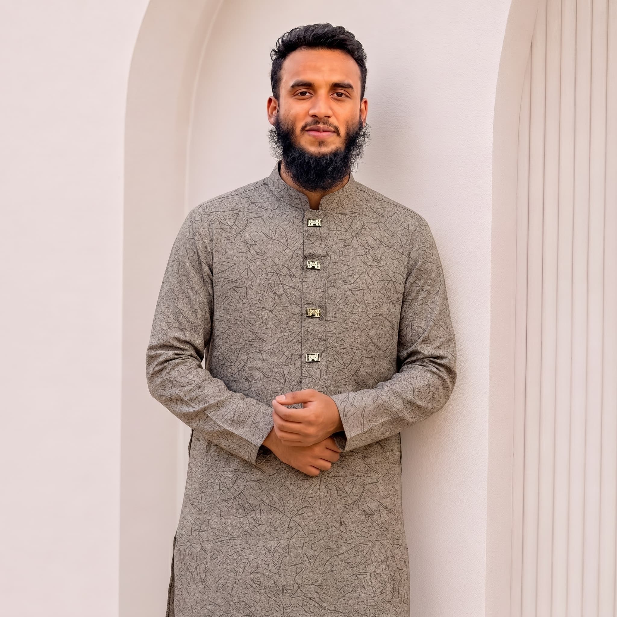 Embroidered Leaf Pattern Mandarin Collar Shilpini Panjabi