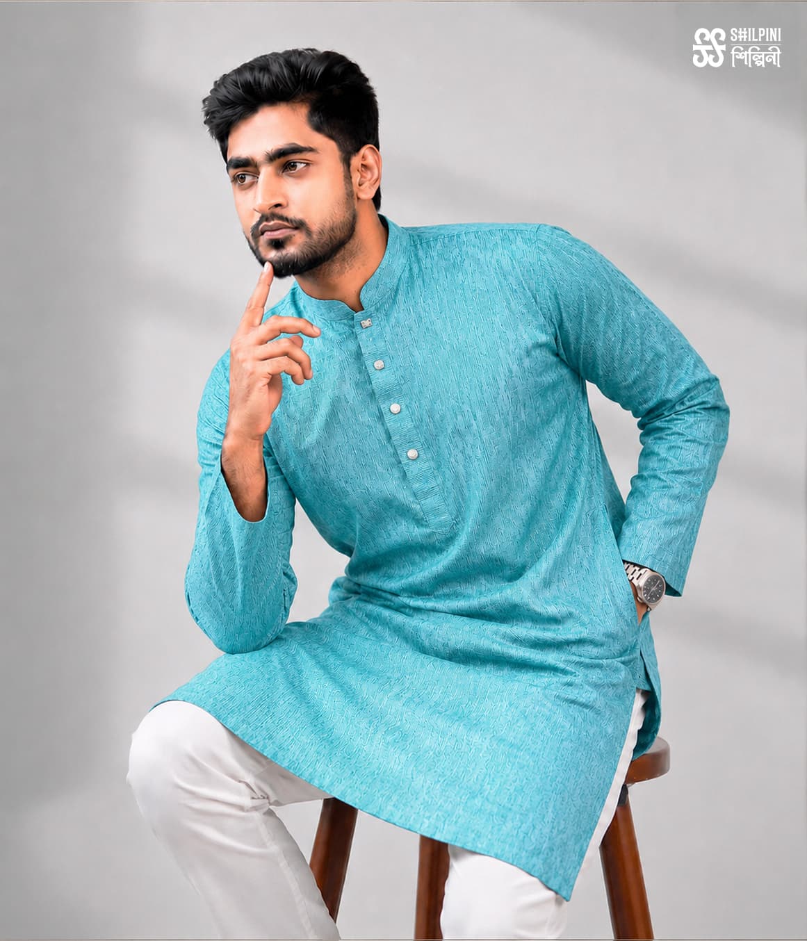 Shilpini Turquoise Blue Textured Panjabi